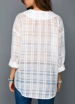 Long Sleeve Curved Hem White Blouse -OLALA Clothing Shop 206596 P 15323390704153