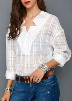 Long Sleeve Curved Hem White Blouse -OLALA Clothing Shop 206596 P 15323390705882