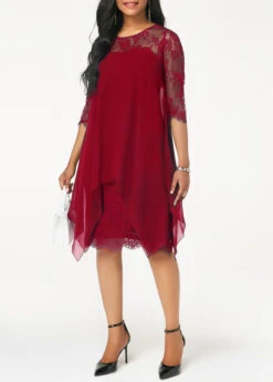Wine Red Three Quarter Sleeve Chiffon Overlay Lace Dress -OLALA Clothing Shop 211160 P 15755385101512