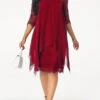 Wine Red Three Quarter Sleeve Chiffon Overlay Lace Dress -OLALA Clothing Shop 211160 P 15755385105510