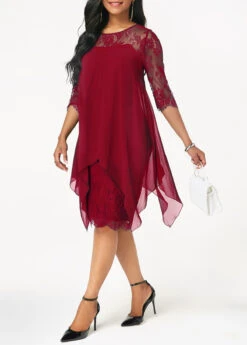 Wine Red Three Quarter Sleeve Chiffon Overlay Lace Dress -OLALA Clothing Shop 211160 P 15755385108633
