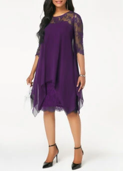 Purple Three Quarter Sleeve Chiffon Overlay Lace Dress -OLALA Clothing Shop 211161 P 16336622482602