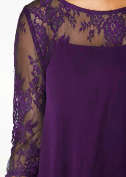 Purple Three Quarter Sleeve Chiffon Overlay Lace Dress -OLALA Clothing Shop 211161 P 16336622488444