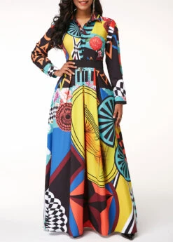 Button Up Turndown Collar Printed Long Sleeve Dress -OLALA Clothing Shop 211316 P 16308904670472