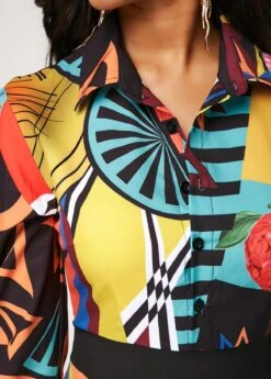 Button Up Turndown Collar Printed Long Sleeve Dress -OLALA Clothing Shop 211316 P 16308904671595