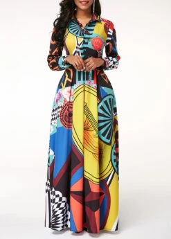Button Up Turndown Collar Printed Long Sleeve Dress -OLALA Clothing Shop 211316 P 16308904672153