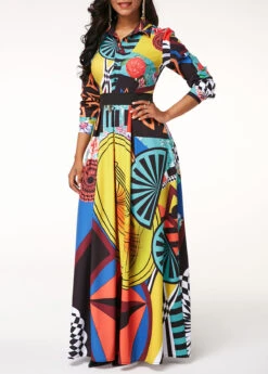 Button Up Turndown Collar Printed Long Sleeve Dress -OLALA Clothing Shop 211316 P 16308904673944