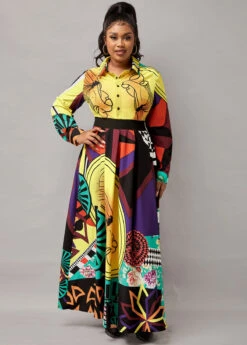 Button Up Turndown Collar Printed Long Sleeve Dress -OLALA Clothing Shop 211316 P 163089046854613