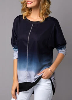 Long Sleeve Asymmetric Hem Round Neck T Shirt -OLALA Clothing Shop 231700 P 15748474480972