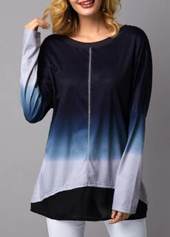 Long Sleeve Asymmetric Hem Round Neck T Shirt