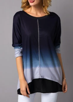 Long Sleeve Asymmetric Hem Round Neck T Shirt -OLALA Clothing Shop 231700 P 15748474487823