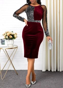 Mesh Panel Sequin Detail Back Slit Sheath Dress -OLALA Clothing Shop 234227 P 15744106147433