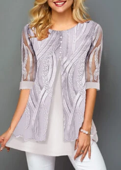 Layered Hem Lace Panel Round Neck T Shirt -OLALA Clothing Shop 247833 P 1637045168113