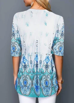 Tribal Print Split Neck Half Sleeve Blouse -OLALA Clothing Shop 248087 P 15985809246072