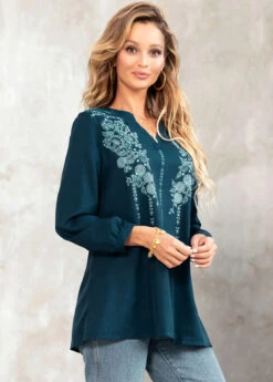 Tribal Print Split Neck Long Sleeve Blouse -OLALA Clothing Shop 258348 P 16129495610474