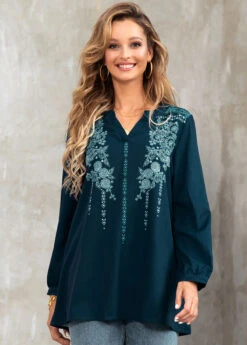 Tribal Print Split Neck Long Sleeve Blouse
