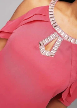 Cold Shoulder Rhinestone Detail Keyhole Neckline Blouse -OLALA Clothing Shop 262817 P 16232248484274