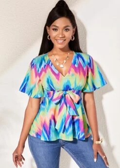 V Neck Bowknot Short Sleeve Blouse -OLALA Clothing Shop 264392 P 16157865431484