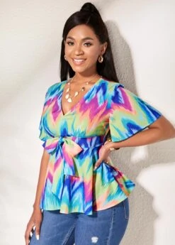 V Neck Bowknot Short Sleeve Blouse -OLALA Clothing Shop 264392 P 16157865431822