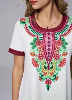 Tribal Print Round Neck Short Sleeve T Shirt -OLALA Clothing Shop 265010 P 16193261930024