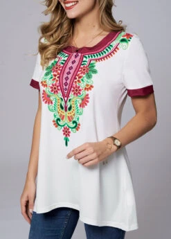 Tribal Print Round Neck Short Sleeve T Shirt -OLALA Clothing Shop 265010 P 16193261939472