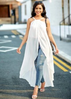 Chiffon Asymmetric Hem White Cross Strap Camisole Top -OLALA Clothing Shop 265620 P 16151807676204