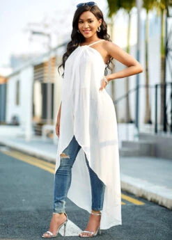 Chiffon Asymmetric Hem White Cross Strap Camisole Top -OLALA Clothing Shop 265620 P 16151807677342