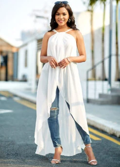 Chiffon Asymmetric Hem White Cross Strap Camisole Top -OLALA Clothing Shop 265620 P 16151807687175