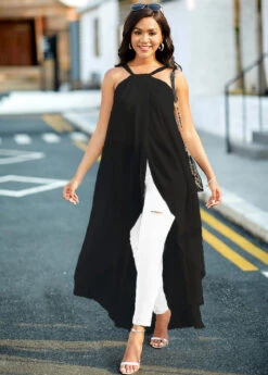 Asymmetric Hem Spaghetti Strap Black Camisole Top -OLALA Clothing Shop 268292 P 16157930070074