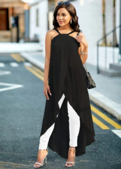 Asymmetric Hem Spaghetti Strap Black Camisole Top -OLALA Clothing Shop 268292 P 16157930077363