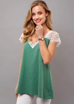 Lace Stitching V Neck Short Sleeve T Shirt -OLALA Clothing Shop 270240 P 16205559181772