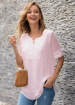 Split Neck Half Sleeve Lace Panel Blouse 9 Split Neck Half Sleeve Lace Panel Blouse -OLALA Clothing Shop 271538 P 16182997395303