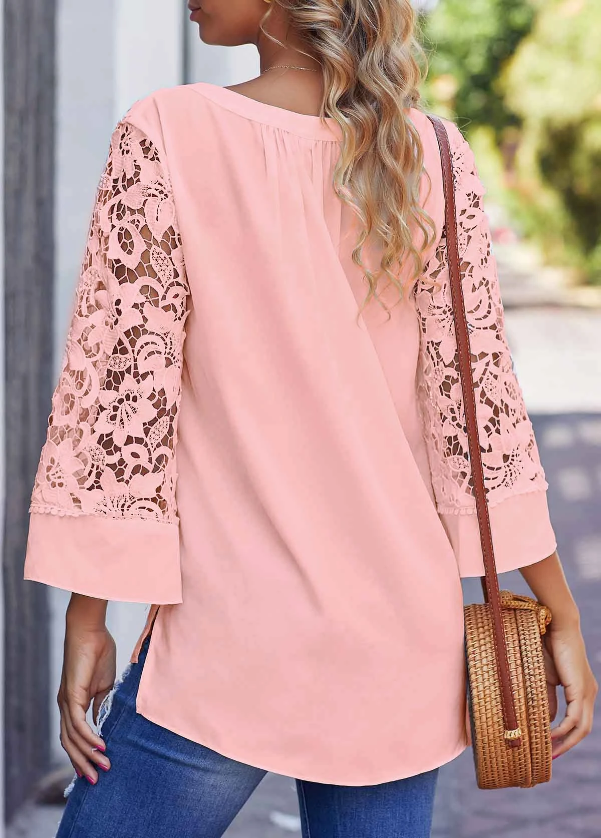 Lace Stitching Split Neck Pink Blouse 4 Lace Stitching Split Neck Pink Blouse - Image 2