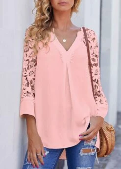Lace Stitching Split Neck Pink Blouse 10 Lace Stitching Split Neck Pink Blouse -OLALA Clothing Shop 274751 P 16213080742733