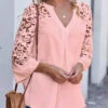 Lace Stitching Split Neck Pink Blouse 2 Lace Stitching Split Neck Pink Blouse -OLALA Clothing Shop 274751 P 16213080743750