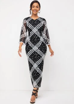 V Neck Striped And Polka Dot Flare Sleeve Dress -OLALA Clothing Shop 274952 P 16242728146603