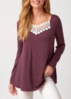 Dark Reddish Purple Lace Patchwork T Shirt