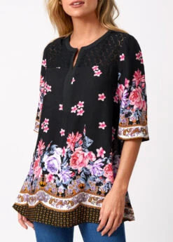 Split Neck Floral Print Lace Stitching Blouse -OLALA Clothing Shop 276079 P 16286508391742