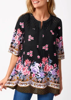 Split Neck Floral Print Lace Stitching Blouse -OLALA Clothing Shop 276079 P 16286508399823
