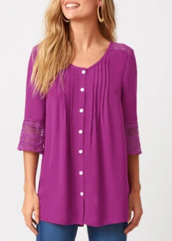 Lace Patchwork Solid Crinkle Chest Blouse