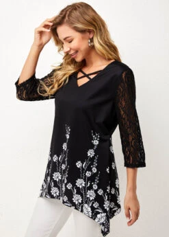 Lace Stitching Asymmetric Hem Black T Shirt -OLALA Clothing Shop 277431 P 16277200313673