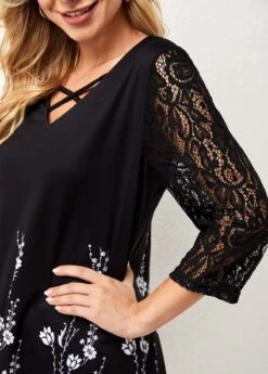 Lace Stitching Asymmetric Hem Black T Shirt -OLALA Clothing Shop 277431 P 16277200313862