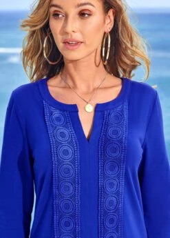 Lace Patchwork Solid Long Sleeve Split Neck T Shirt -OLALA Clothing Shop 278351 P 16281654911444