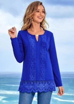 Lace Patchwork Solid Long Sleeve Split Neck T Shirt -OLALA Clothing Shop 278351 P 16281654916042