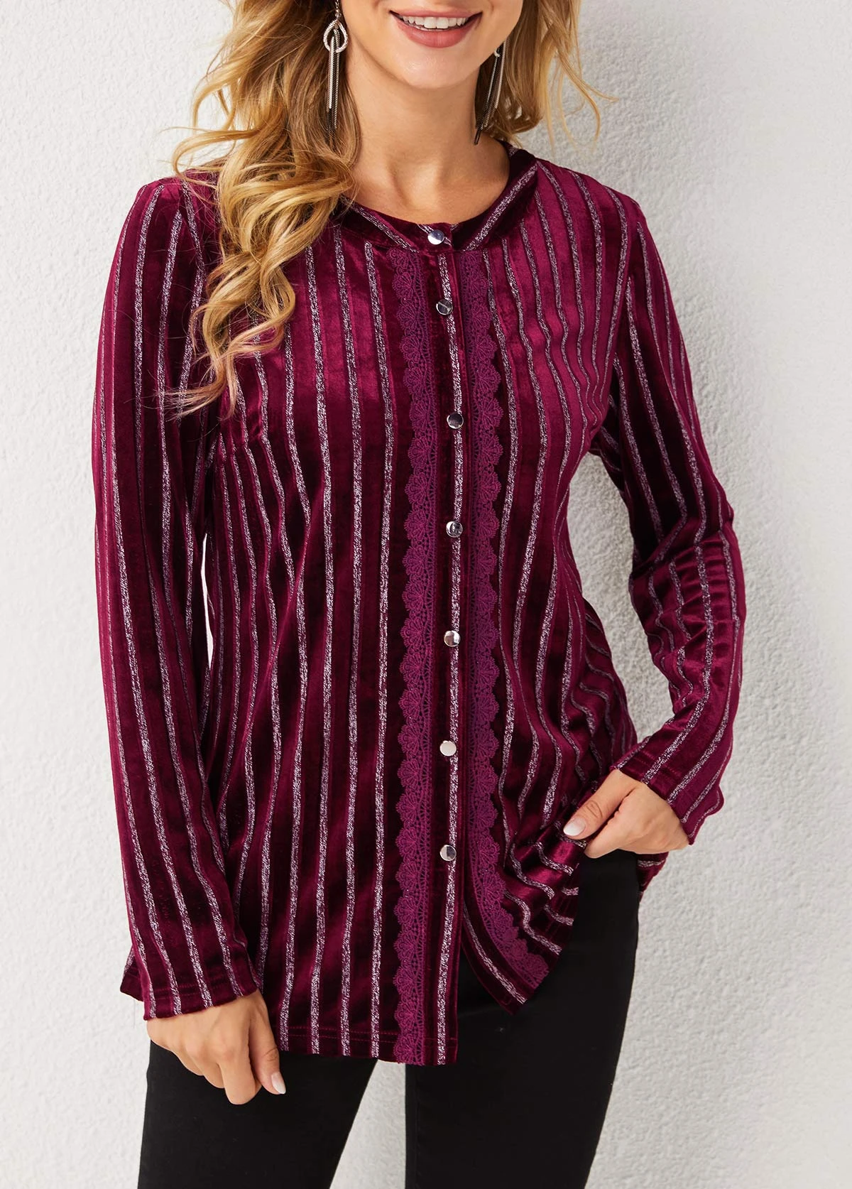 Stripe Print Long Sleeve Round Neck Blouse 6 Stripe Print Long Sleeve Round Neck Blouse - Image 4