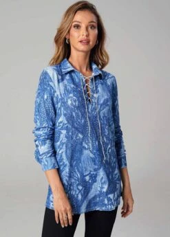 Lace Up Printed Long Sleeve Turndown Collar T Shirt -OLALA Clothing Shop 278536 P 16288361830194