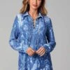Lace Up Printed Long Sleeve Turndown Collar T Shirt -OLALA Clothing Shop 278536 P 16288361834550