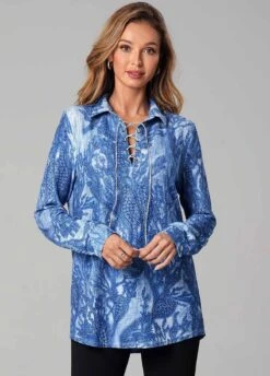 Lace Up Printed Long Sleeve Turndown Collar T Shirt