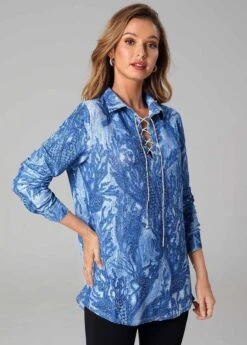 Lace Up Printed Long Sleeve Turndown Collar T Shirt -OLALA Clothing Shop 278536 P 16288361839023