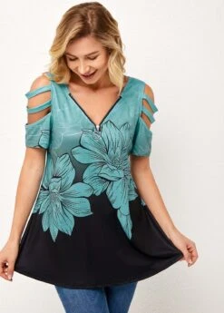 Floral Print Ladder Cutout Quarter Zip T Shirt